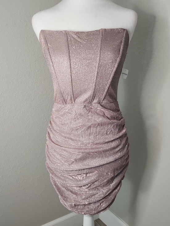 Apricot Lane Dresses & Skirts - Lovesome Apricot Lane Strapless Metallic Mauve Ruched Bodycon Dress Sparkly Rose